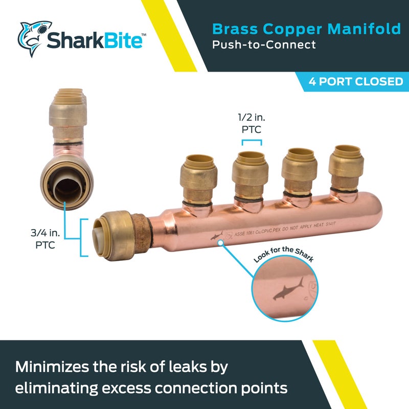 SharkBite 3/4 Inch x 1/2 Inch Outlet 4 Port Closed Multi-Port Tee, Push to Connect Brass Plumbing Fittings, PEX Pipe, Copper, PVC, 25555LF - Image 2